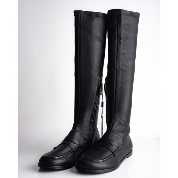 Massimo Dutti Women Knee High Leather Loafer Boots Black US 9 EU 40 New 1018/450
